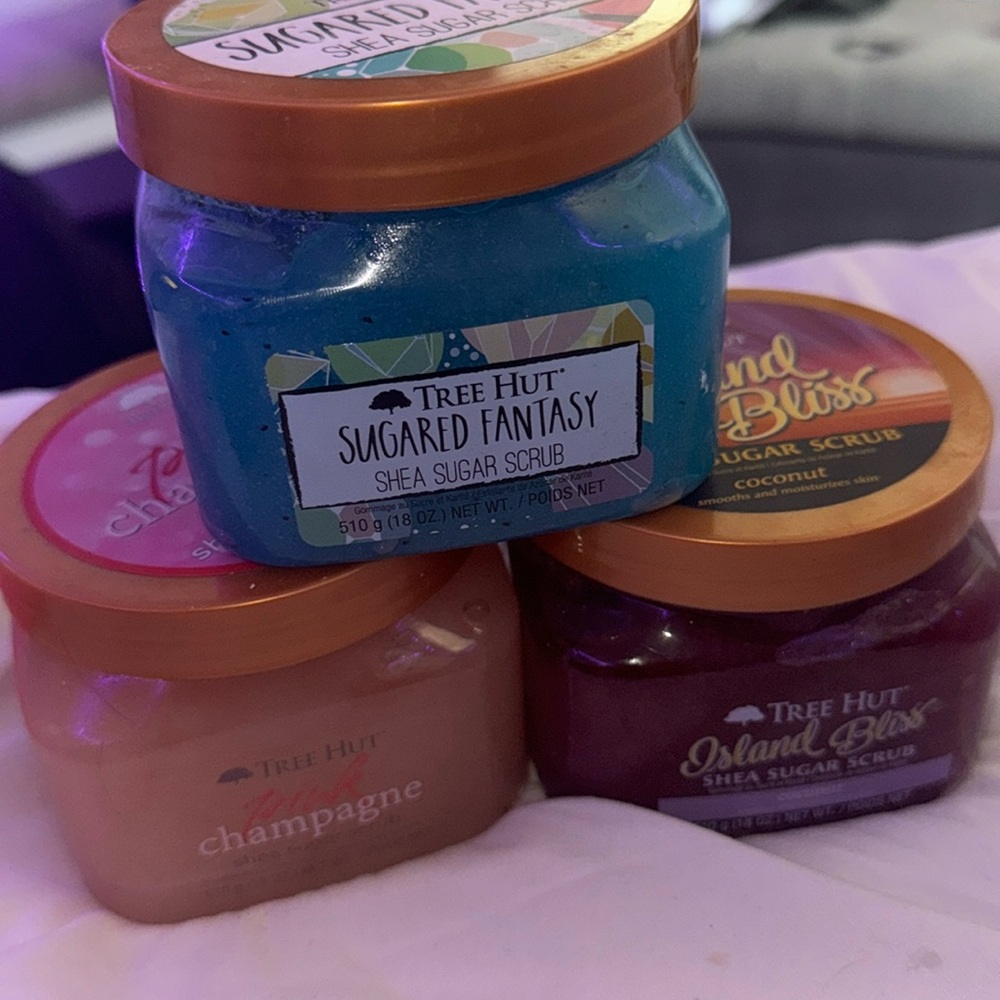 Three set of sugar, scrub, sugared, fantasy, pink champagne, and island bliss